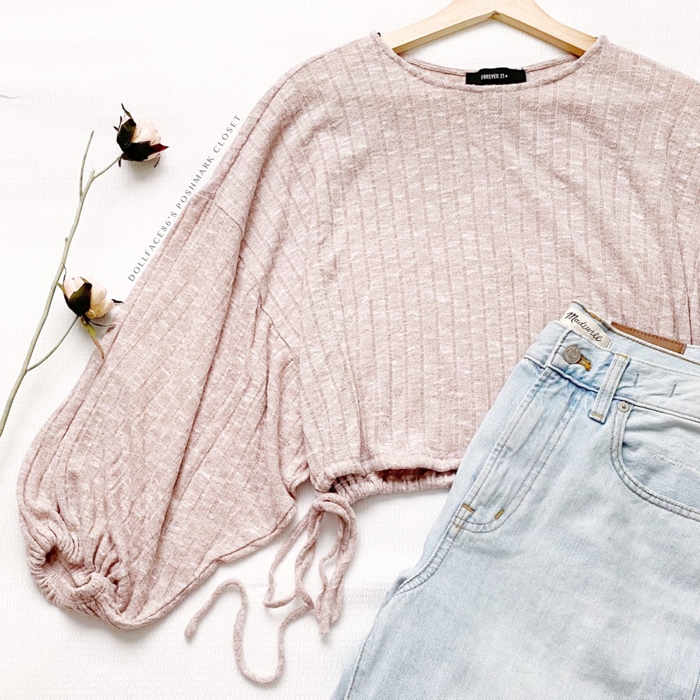 Pink Ribbed Drawstring Side Lantern Sleeve Crop Top